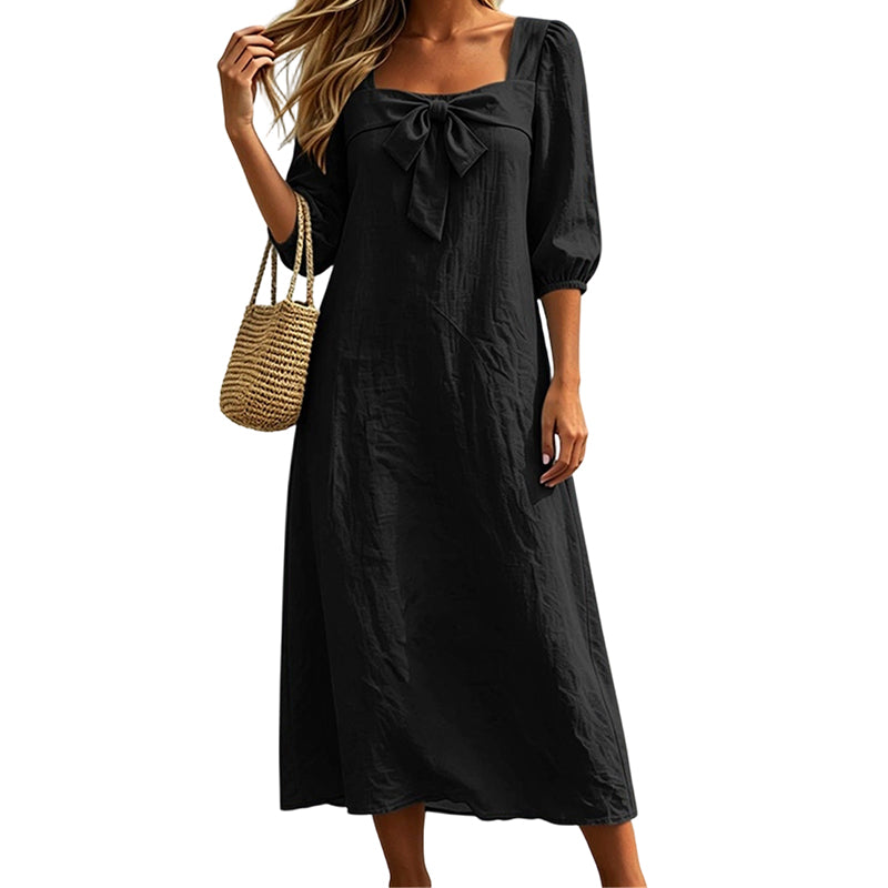 Robe midi décontractée unie, avec un nœud élégant et un décolleté carré
