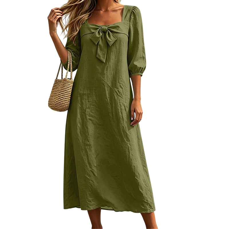 Robe midi décontractée unie, avec un nœud élégant et un décolleté carré