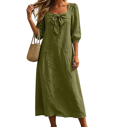Robe midi décontractée unie, avec un nœud élégant et un décolleté carré