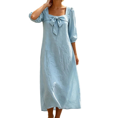 Robe midi décontractée unie, avec un nœud élégant et un décolleté carré
