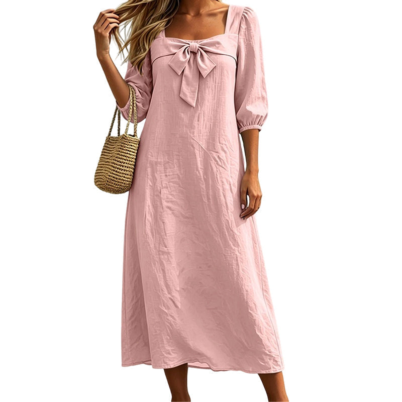Robe midi décontractée unie, avec un nœud élégant et un décolleté carré