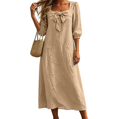 Robe midi décontractée unie, avec un nœud élégant et un décolleté carré