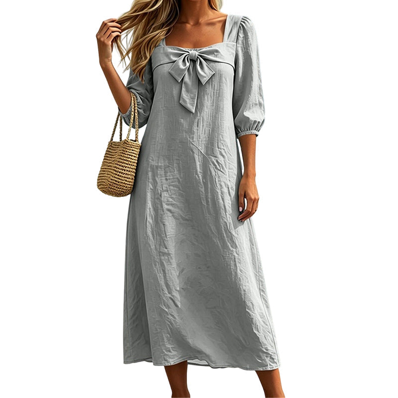 Robe midi décontractée unie, avec un nœud élégant et un décolleté carré
