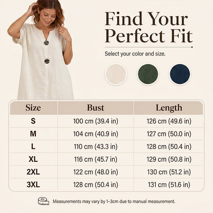 🌿 Robe midi d'été à col en V et boutons décoratifs – Tissu en lin léger, manches courtes évasées – Une élégance simple pour la femme qui a du goût ✨