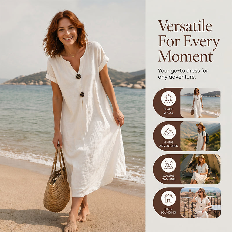 🌿 Robe midi d'été à col en V et boutons décoratifs – Tissu en lin léger, manches courtes évasées – Une élégance simple pour la femme qui a du goût ✨