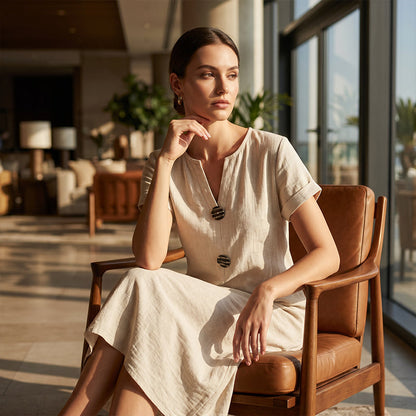 🌿 Robe midi d'été à col en V et boutons décoratifs – Tissu en lin léger, manches courtes évasées – Une élégance simple pour la femme qui a du goût ✨