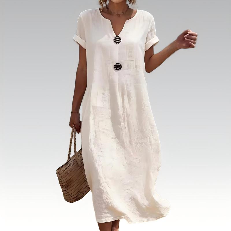🌿 Robe midi d'été à col en V et boutons décoratifs – Tissu en lin léger, manches courtes évasées – Une élégance simple pour la femme qui a du goût ✨