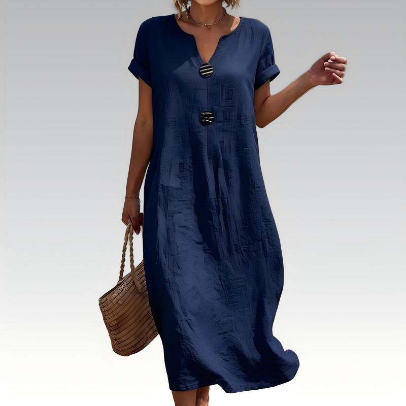 🌿 Robe midi d'été à col en V et boutons décoratifs – Tissu en lin léger, manches courtes évasées – Une élégance simple pour la femme qui a du goût ✨