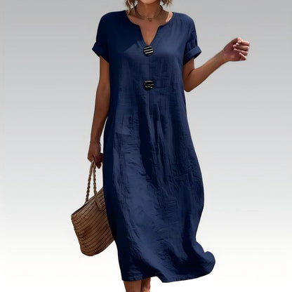 🌿 Robe midi d'été à col en V et boutons décoratifs – Tissu en lin léger, manches courtes évasées – Une élégance simple pour la femme qui a du goût ✨