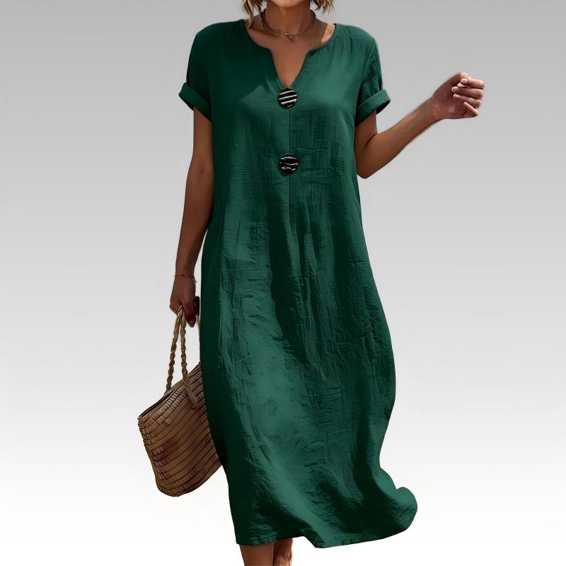 🌿 Robe midi d'été à col en V et boutons décoratifs – Tissu en lin léger, manches courtes évasées – Une élégance simple pour la femme qui a du goût ✨