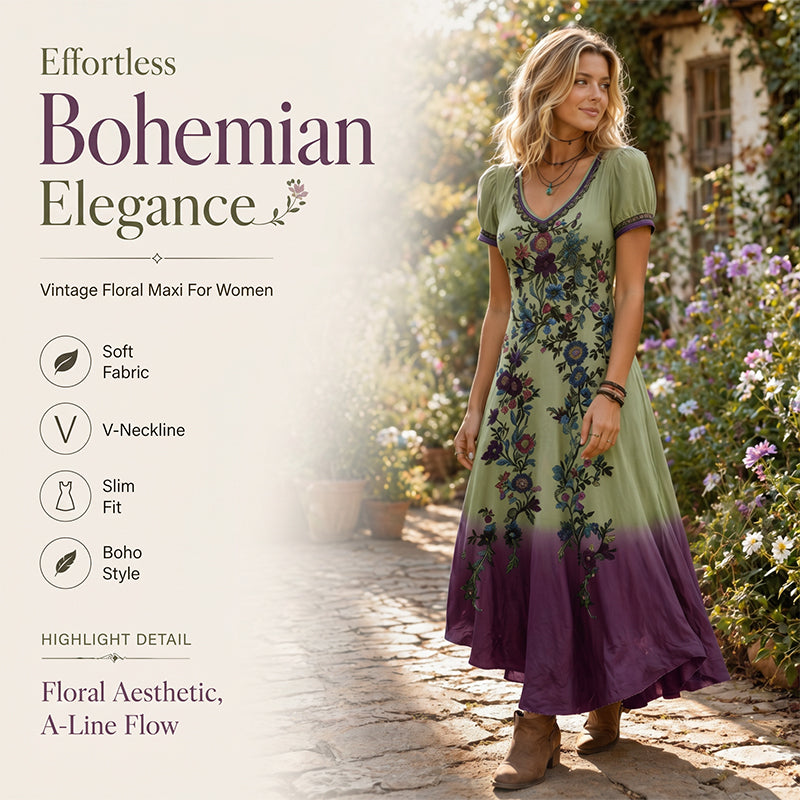 🔥Nouveautés et offres spéciales - Robe longue vintage à fleurs et col en V pour femme