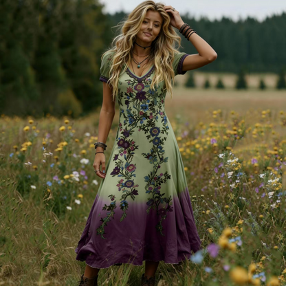 🔥Nouveautés et offres spéciales - Robe longue vintage à fleurs et col en V pour femme