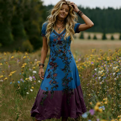 🔥Nouveautés et offres spéciales - Robe longue vintage à fleurs et col en V pour femme