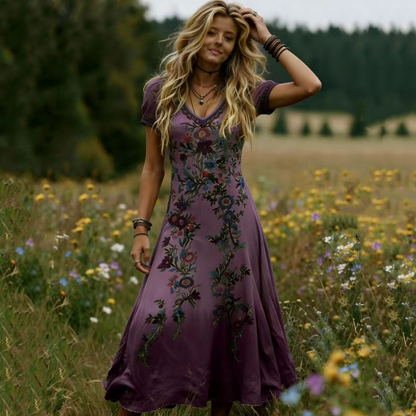 🔥Nouveautés et offres spéciales - Robe longue vintage à fleurs et col en V pour femme