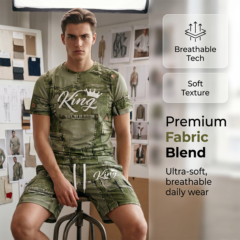 🎉 Soldes 2026 — Plus de 18 000 vendus ! 👕 Ensemble casual homme – T-shirt et short imprimé faux denim 🧢