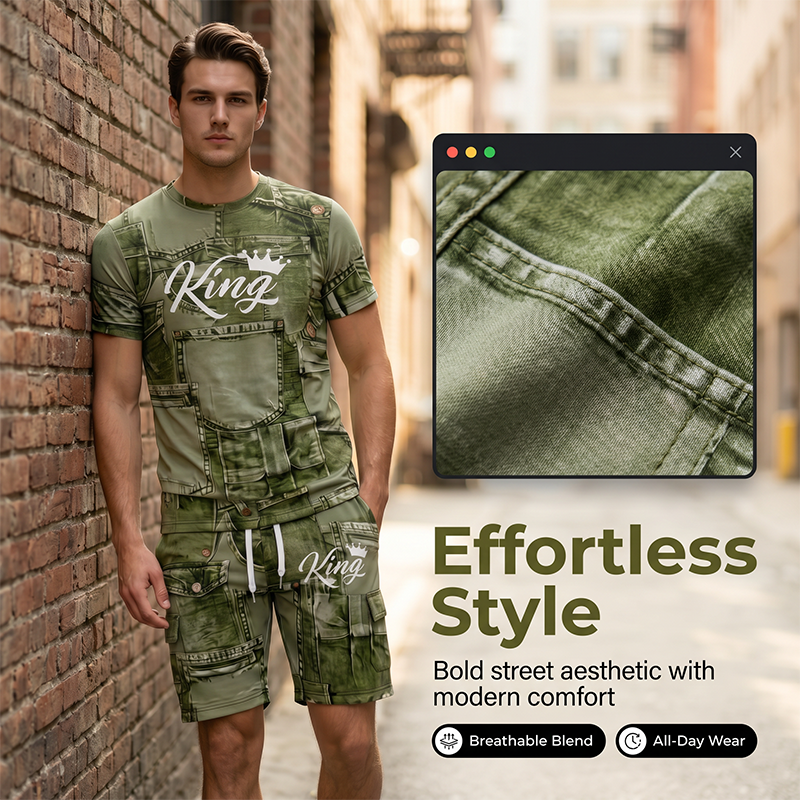 🎉 Soldes 2026 — Plus de 18 000 vendus ! 👕 Ensemble casual homme – T-shirt et short imprimé faux denim 🧢