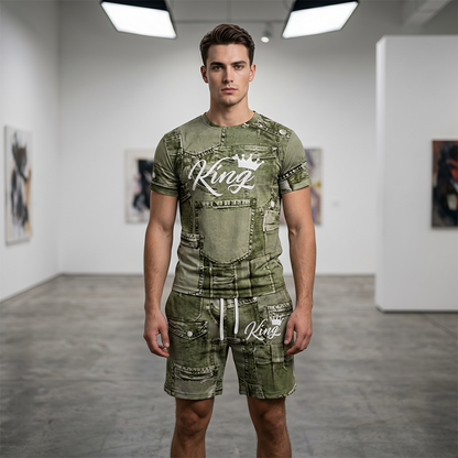 🎉 Soldes 2026 — Plus de 18 000 vendus ! 👕 Ensemble casual homme – T-shirt et short imprimé faux denim 🧢