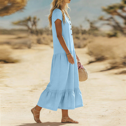 Robe longue fluide à boutons et col en V pour femme