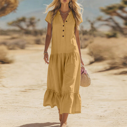 Robe longue fluide à boutons et col en V pour femme