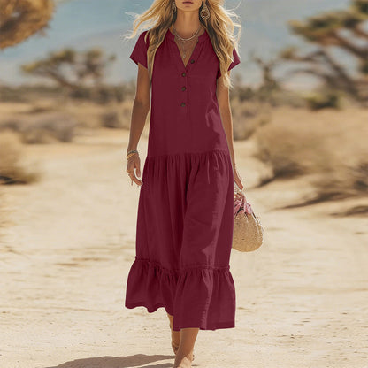 Robe longue fluide à boutons et col en V pour femme