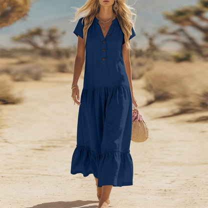 Robe longue fluide à boutons et col en V pour femme