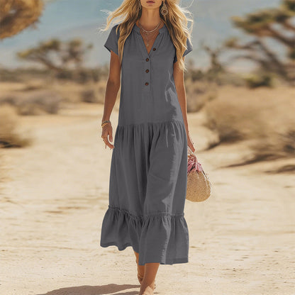 Robe longue fluide à boutons et col en V pour femme
