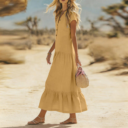 Robe longue fluide à boutons et col en V pour femme