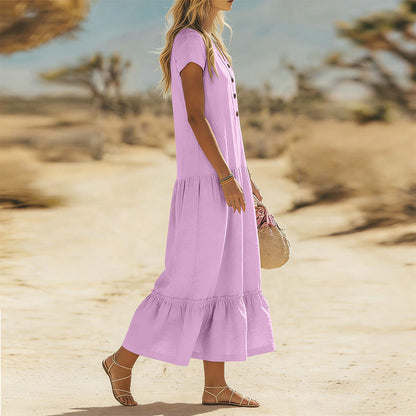 Robe longue fluide à boutons et col en V pour femme