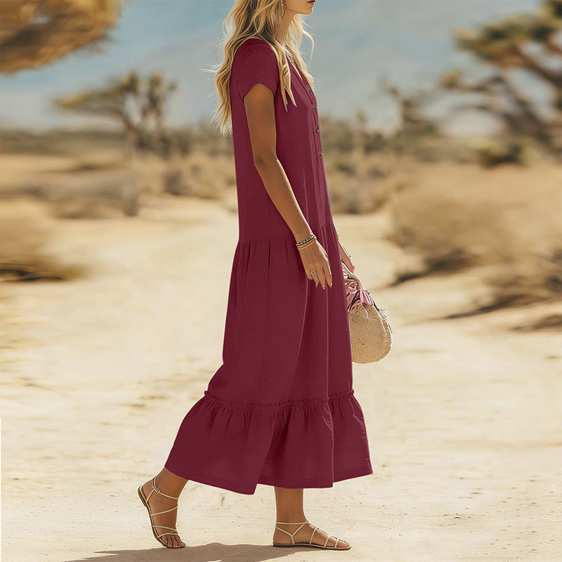 Robe longue fluide à boutons et col en V pour femme