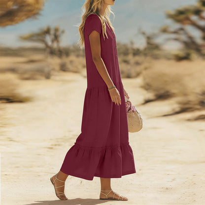 Robe longue fluide à boutons et col en V pour femme