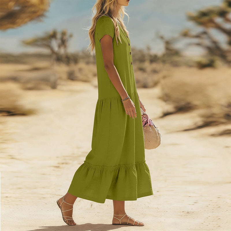 Robe longue fluide à boutons et col en V pour femme