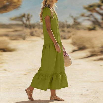 Robe longue fluide à boutons et col en V pour femme