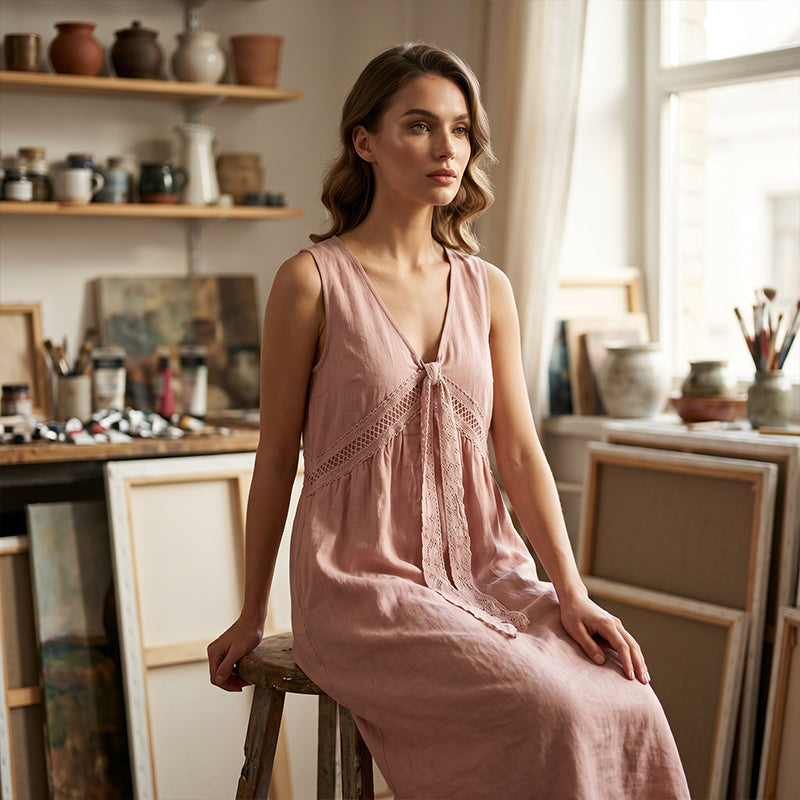 Robe sans manches à encolure en V et bordure en dentelle pour femme