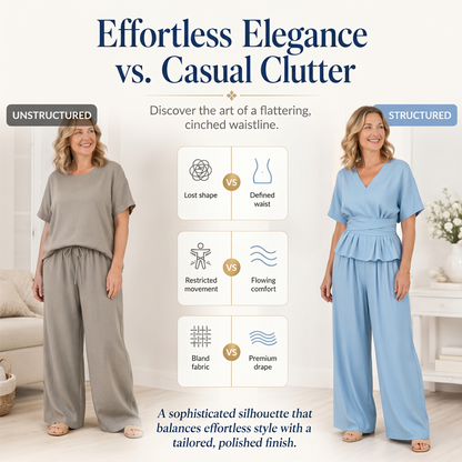 Ensemble femme composé d'un haut à taille croisée et d'un pantalon à jambes larges