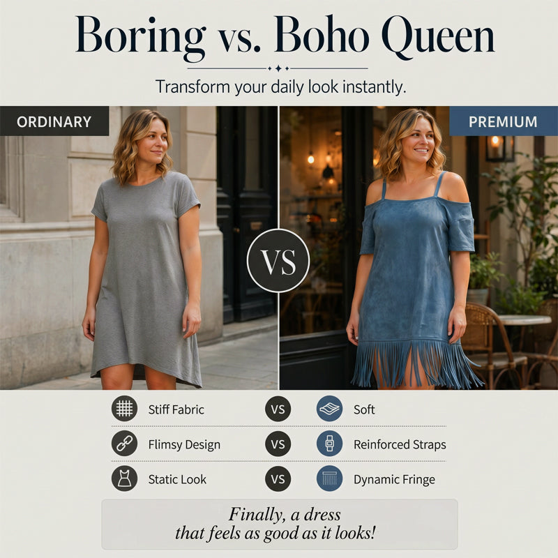 👗 Robe Femme Épaules Dénudées à Bretelles avec Franges🌼🔥-49% Robe à épaules dénudées avec franges, style bohème tendance pour toutes vos sorties