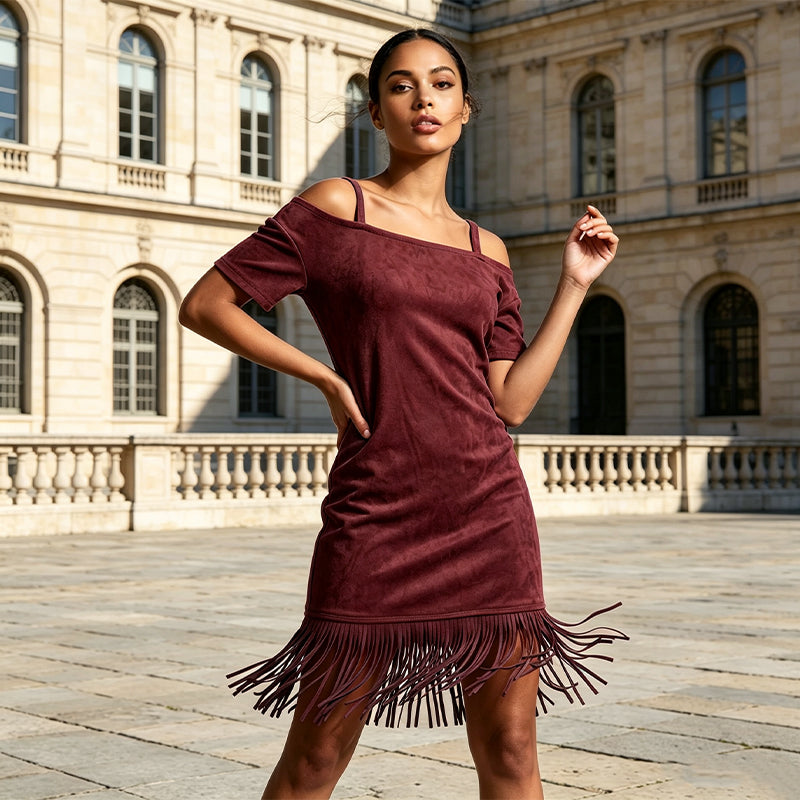 👗 Robe Femme Épaules Dénudées à Bretelles avec Franges🌼🔥-49% Robe à épaules dénudées avec franges, style bohème tendance pour toutes vos sorties