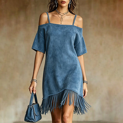 👗 Robe Femme Épaules Dénudées à Bretelles avec Franges🌼🔥-49% Robe à épaules dénudées avec franges, style bohème tendance pour toutes vos sorties