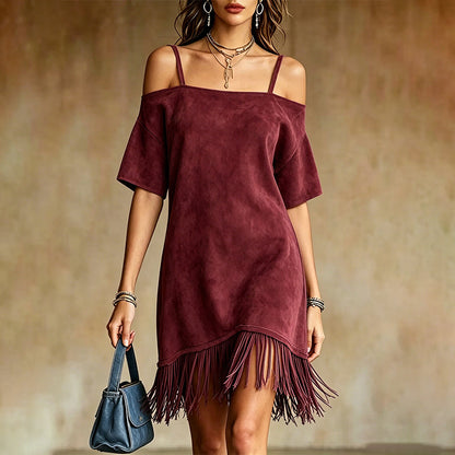 👗 Robe Femme Épaules Dénudées à Bretelles avec Franges🌼🔥-49% Robe à épaules dénudées avec franges, style bohème tendance pour toutes vos sorties