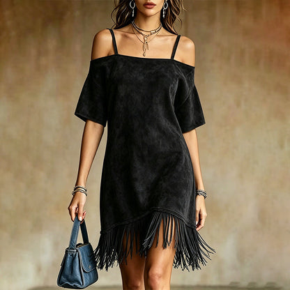👗 Robe Femme Épaules Dénudées à Bretelles avec Franges🌼🔥-49% Robe à épaules dénudées avec franges, style bohème tendance pour toutes vos sorties