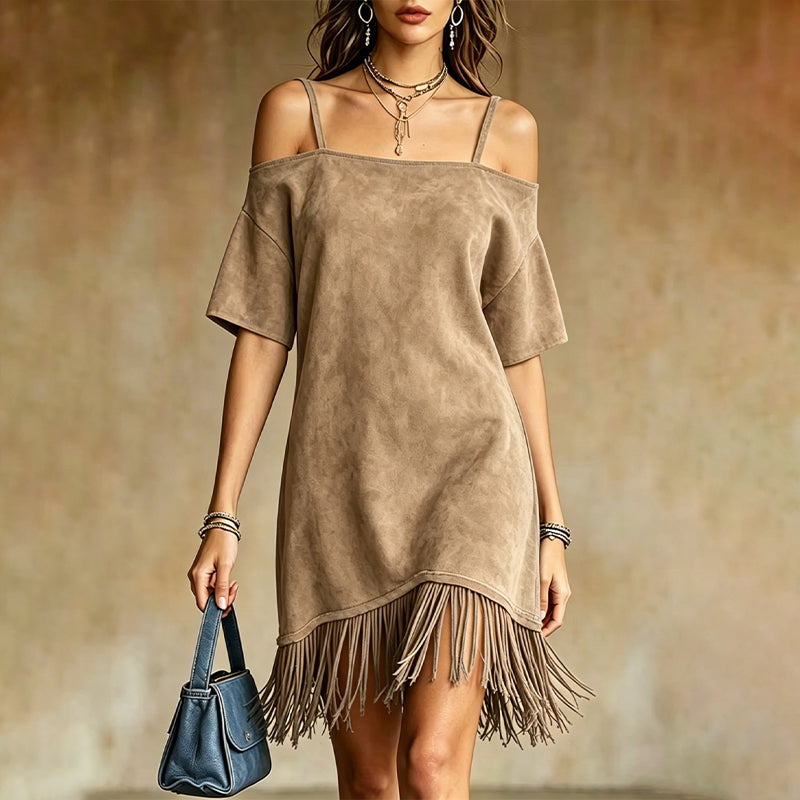 👗 Robe Femme Épaules Dénudées à Bretelles avec Franges🌼🔥-49% Robe à épaules dénudées avec franges, style bohème tendance pour toutes vos sorties