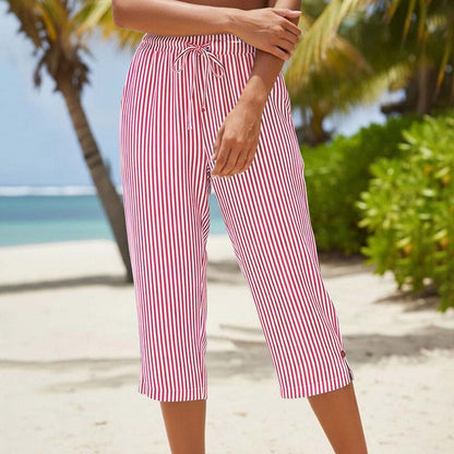 Pantacourt rayé en coton et lin pour femme avec poches