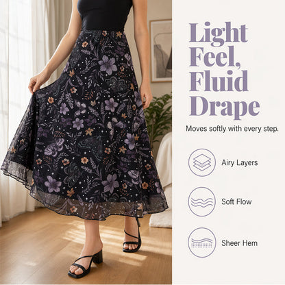 🩰 Jupe Midi Taille Haute A-Line en Tulle Imprimé Fleurs Papillons – Modèle Fluide Élégant Femme