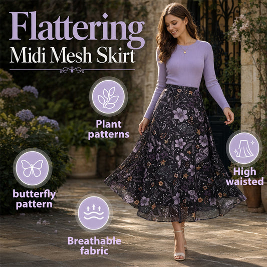 🩰 Jupe Midi Taille Haute A-Line en Tulle Imprimé Fleurs Papillons – Modèle Fluide Élégant Femme