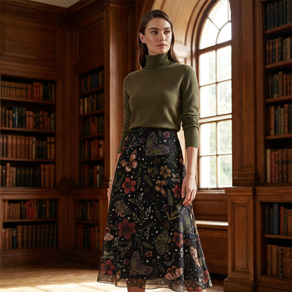 🩰 Jupe Midi Taille Haute A-Line en Tulle Imprimé Fleurs Papillons – Modèle Fluide Élégant Femme