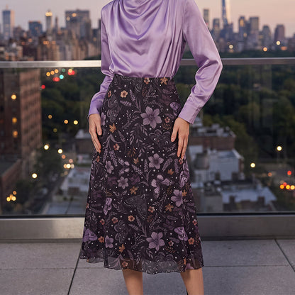 🩰 Jupe Midi Taille Haute A-Line en Tulle Imprimé Fleurs Papillons – Modèle Fluide Élégant Femme