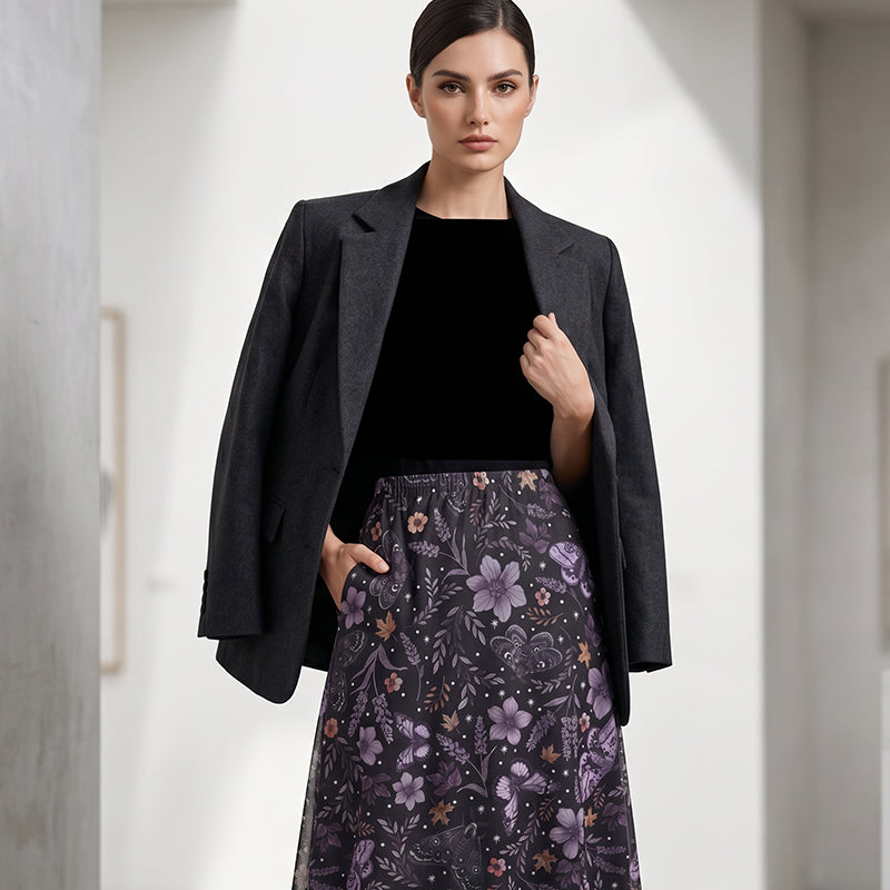 🩰 Jupe Midi Taille Haute A-Line en Tulle Imprimé Fleurs Papillons – Modèle Fluide Élégant Femme
