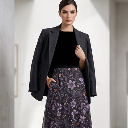 🩰 Jupe Midi Taille Haute A-Line en Tulle Imprimé Fleurs Papillons – Modèle Fluide Élégant Femme