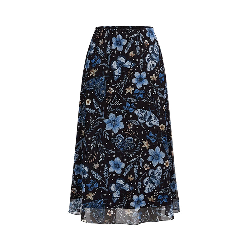 🩰 Jupe Midi Taille Haute A-Line en Tulle Imprimé Fleurs Papillons – Modèle Fluide Élégant Femme