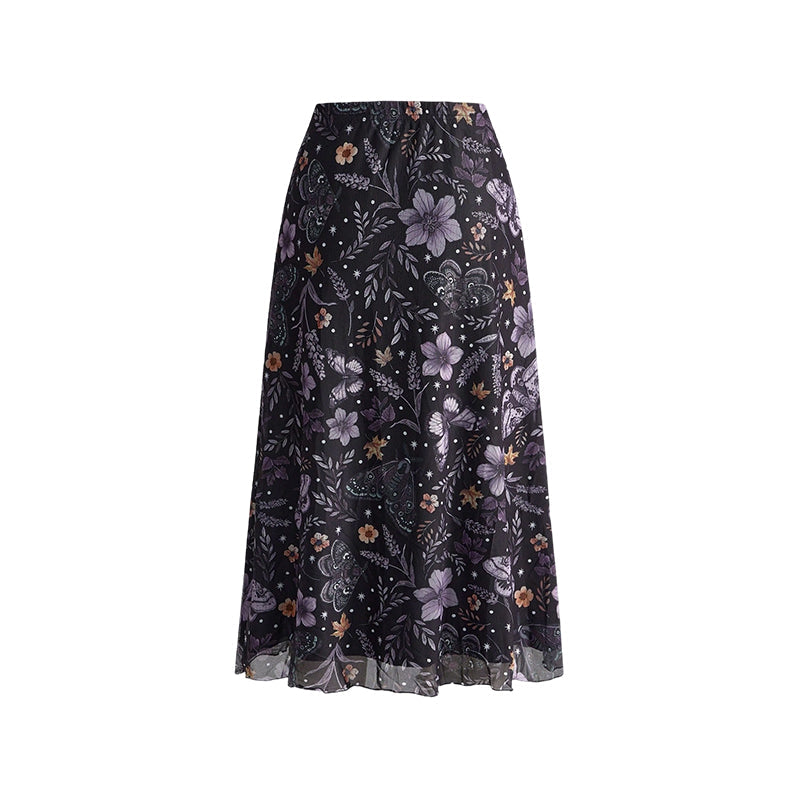 🩰 Jupe Midi Taille Haute A-Line en Tulle Imprimé Fleurs Papillons – Modèle Fluide Élégant Femme
