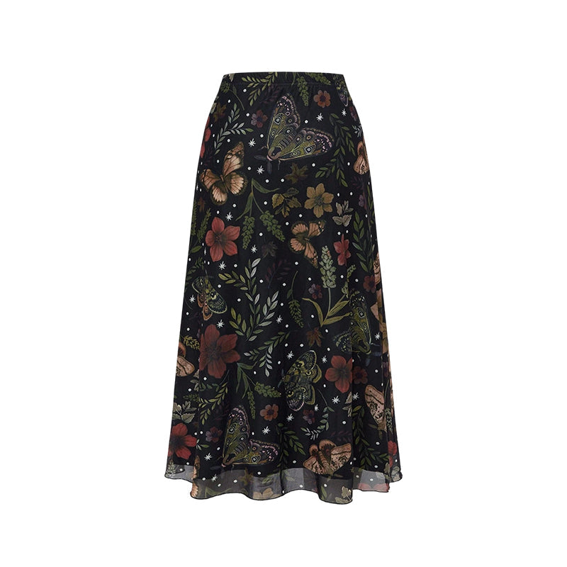 🩰 Jupe Midi Taille Haute A-Line en Tulle Imprimé Fleurs Papillons – Modèle Fluide Élégant Femme